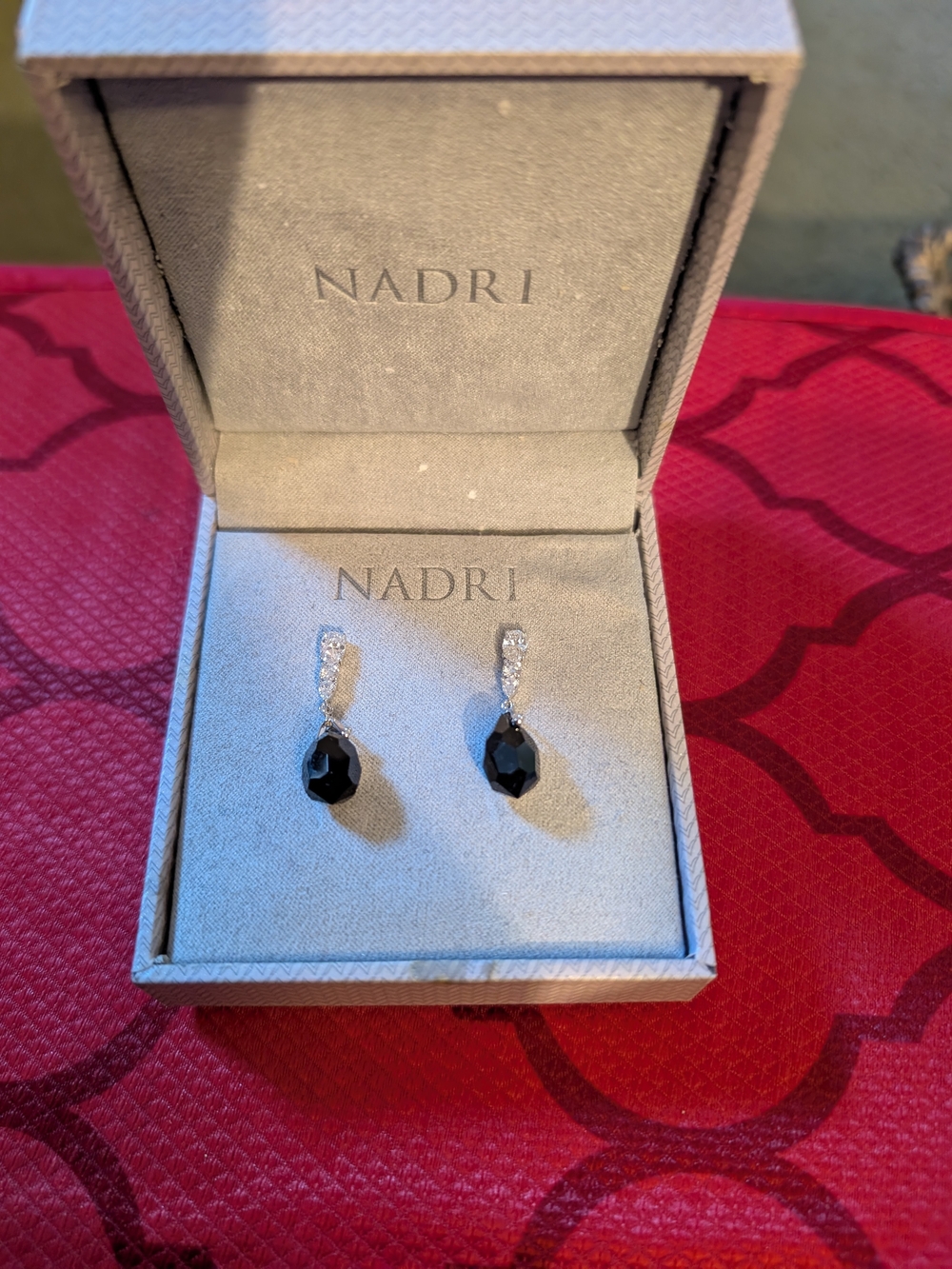 Nadri Black Faceted Teardrop Crystal Drop Earrings with Silver Accents